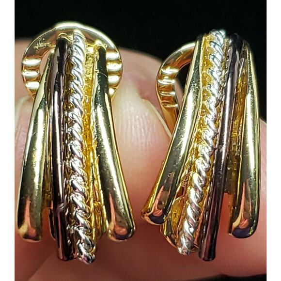 Vintage TJG Signed Fancy Glam Earrings Clip On Gold Tone, Mixed Metals Accents - Picture 1 of 8